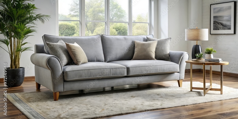 Obraz premium Elevate your modern living space with this sleek and stylish grey sofa, offering unparalleled comfort and