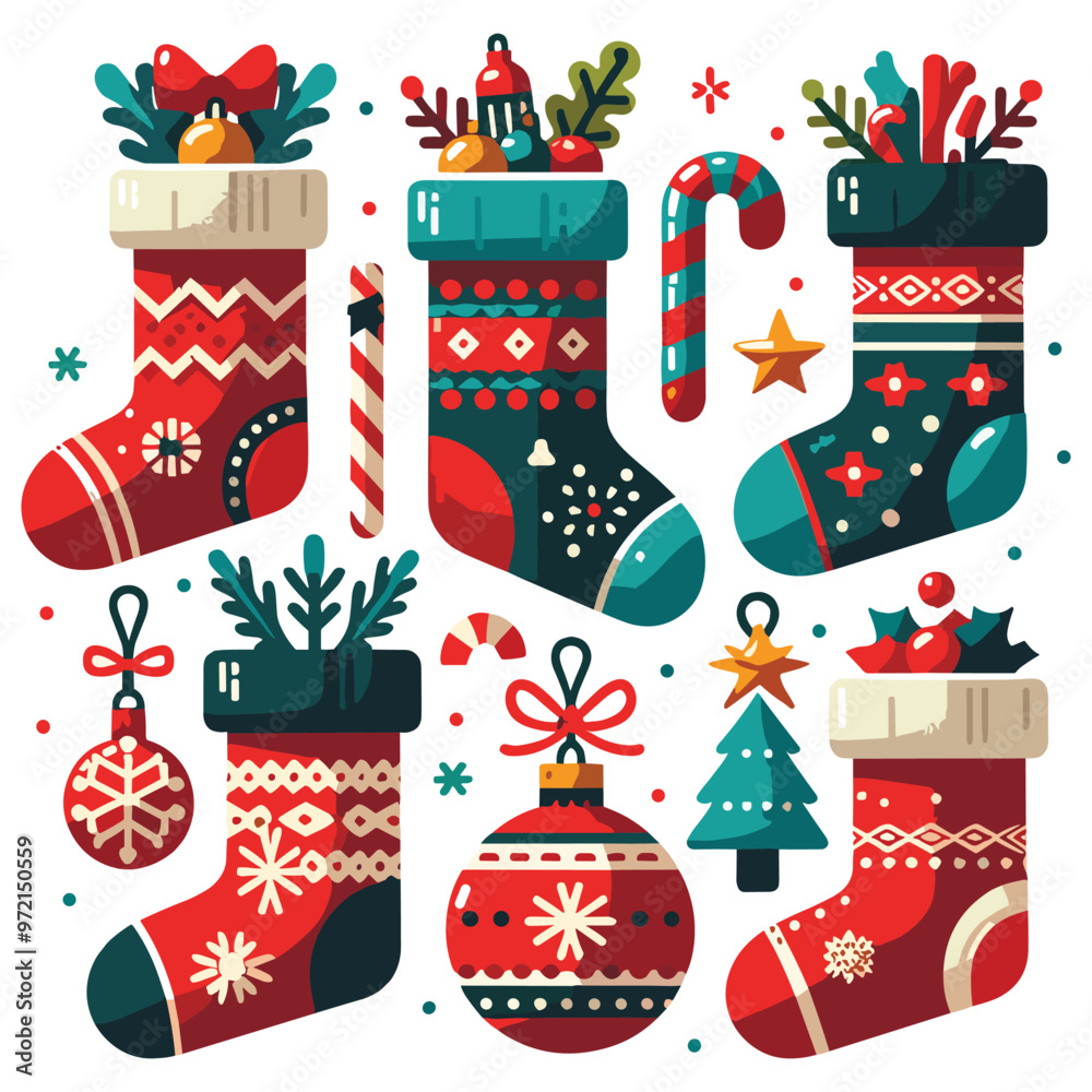 Festive Christmas stockings on white background, vector illustration, perfect for holiday decor Festive Christmas stockings on white background, vector illustration, perfect for holiday decor