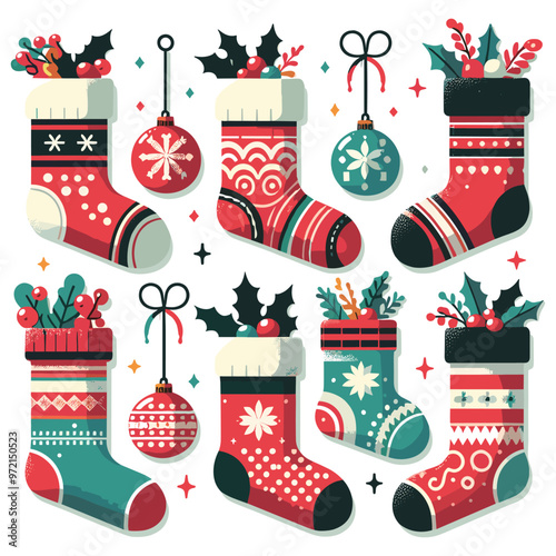 Festive Christmas stockings and baubles vector illustration, red and green, holiday decorations