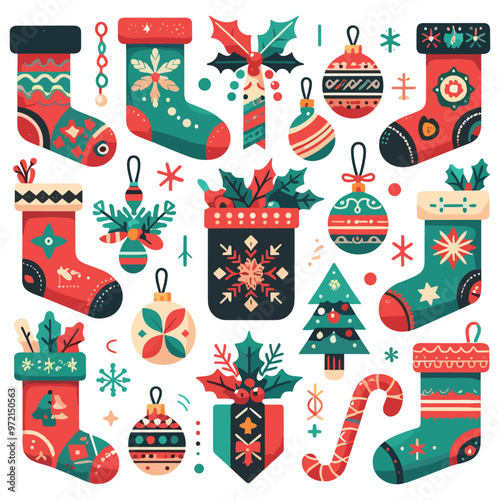 Festive Christmas elements vector illustration red green white, perfect for holiday decor