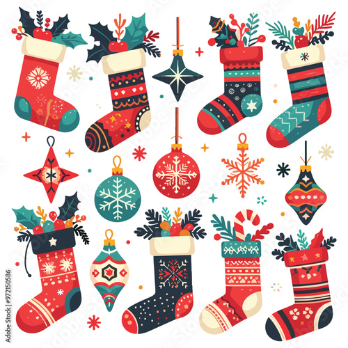 Festive Christmas stockings vector illustration colorful ornaments isolated on white, holiday decor