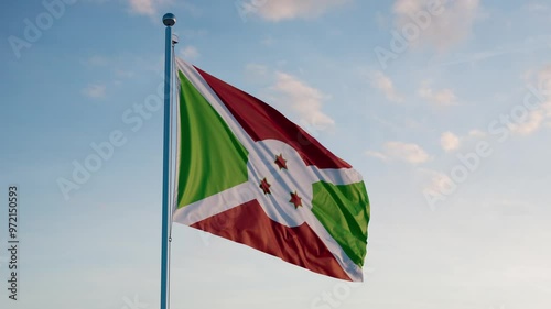 Burundi Gitega Flag Cinematic Realistic Waving Zoom Dolly Out Blue Sky photo