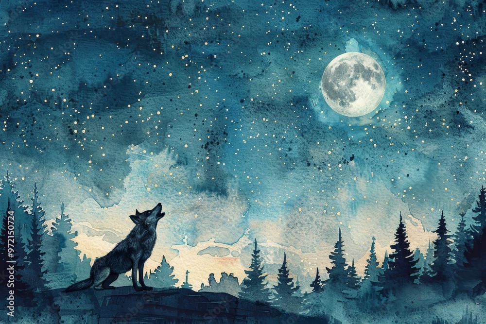 A lone wolf howls at the full moon in a starry night sky. Watercolor painting with a mystical and atmospheric feel. A lone wolf howls at the full moon in a starry night sky. Watercolor painting with a mystical and atmospheric feel.