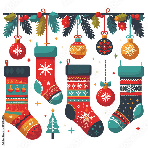 Festive Christmas stockings vector art vibrant traditional decor perfect for holiday greeting cards