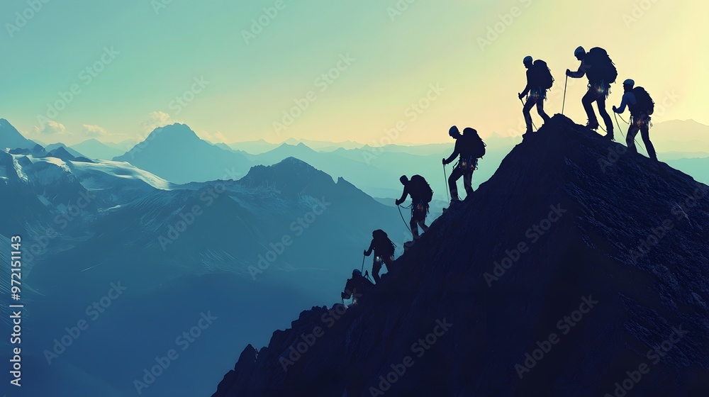 Fototapeta premium Silhouettes of Climbers Ascending a Mountain Ridge at Sunrise