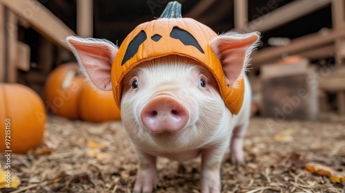 Adorable Piglet in Pumpkin Hat Celebrating Halloween on Farm with Festive Decorations and Pumpkins