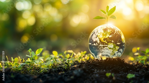 A small plant sprouts from the top of a glass globe representing the earth.