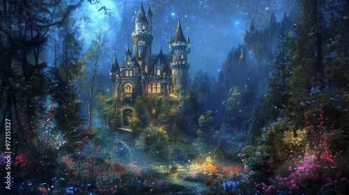 A majestic castle sits nestled in a lush forest under a starry night sky.  Light glows from the windows, casting a warm inviting glow. photo