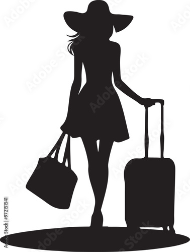 A young girl travelling with luggage silhouette vector art, lady travel icon, woman travel logo design.