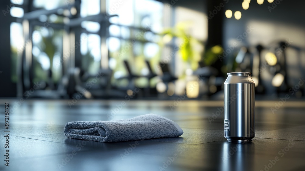 A gym scene featuring a towel and a drink can, emphasizing fitness and refreshment. A gym scene featuring a towel and a drink can, emphasizing fitness and refreshment.