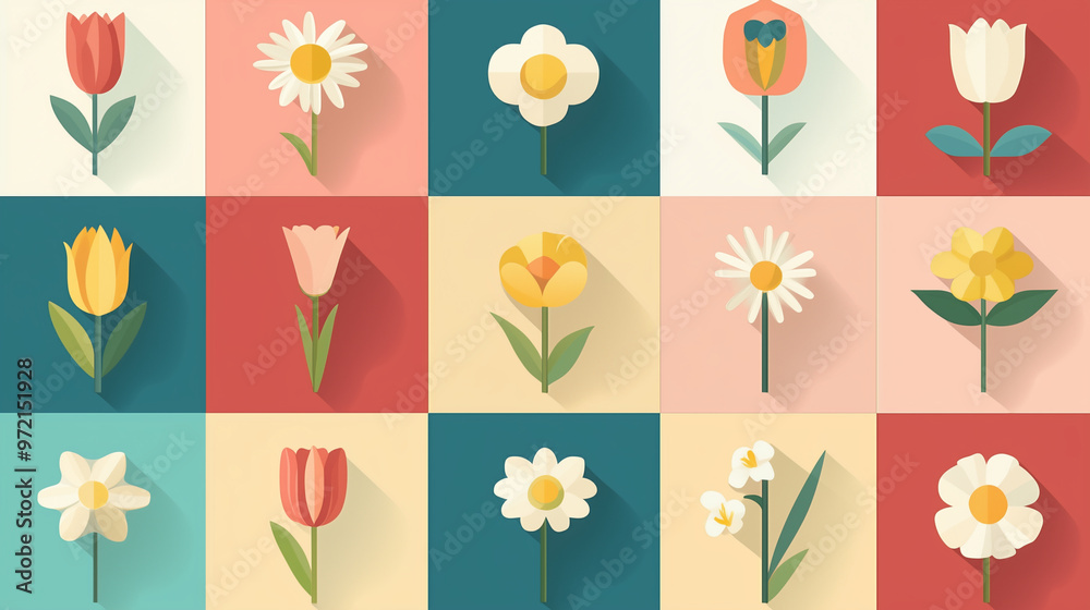 Obraz premium A flat illustration of different flower icons arranged in squares