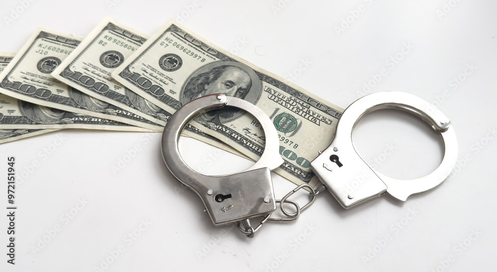 Dollars of hundred and fifty dollars lie on a floor and from above handcuffs for detention of the corrupt official on polichny are put. Dollars of hundred and fifty dollars lie on a floor and from above handcuffs for detention of the corrupt official on polichny are put.