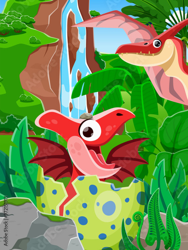 Cartoon funny dino kid with dinosaur mother in jungle forest, vector cartoon prehistoric poster. Pteranodon dinosaur bird mother with baby dino hatching from egg in Jurassic park forest