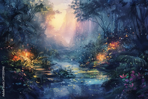 A mystical forest path winding through a lush, enchanted landscape, illuminated by glowing orbs and a soft, ethereal light.