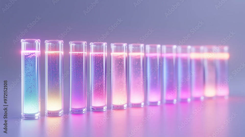 Colorful Glowing Test Tubes in a Row with Gradient Liquid in a Futuristic Laboratory Setting Colorful Glowing Test Tubes in a Row with Gradient Liquid in a Futuristic Laboratory Setting
