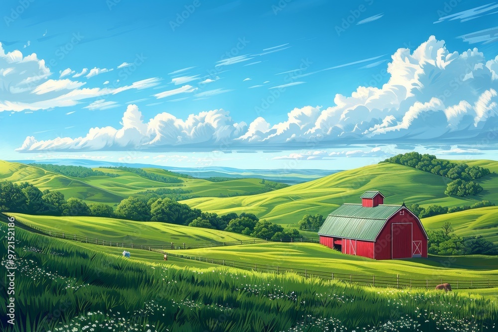 A picturesque red barn sits on a rolling green hill under a bright blue sky with fluffy white clouds. A picturesque red barn sits on a rolling green hill under a bright blue sky with fluffy white clouds.