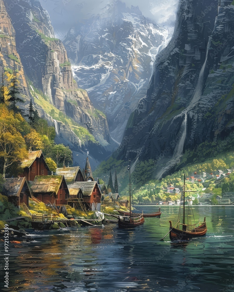 Fototapeta premium A picturesque village nestled in a fjord, surrounded by towering mountains and cascading waterfalls. A boat sails on the tranquil waters.