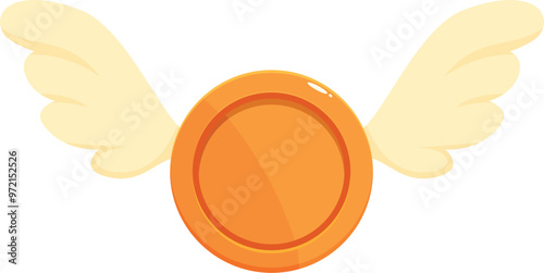 Cartoon style illustration of a shiny golden coin with white angel wings flying