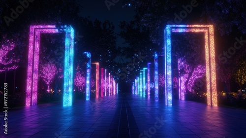 An illuminated walkway at an outdoor art exhibition