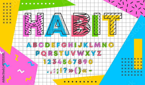 Memphis artistic font, hipster headline type, modern abstract geometric alphabet typeface vector typography set. Memphis art english abc letters and numbers font with trendy lines and waves pattern