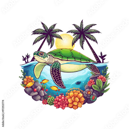 turtle with beach background vector illustration. sea world vector logo illustration. cute cartoon sea turtle.