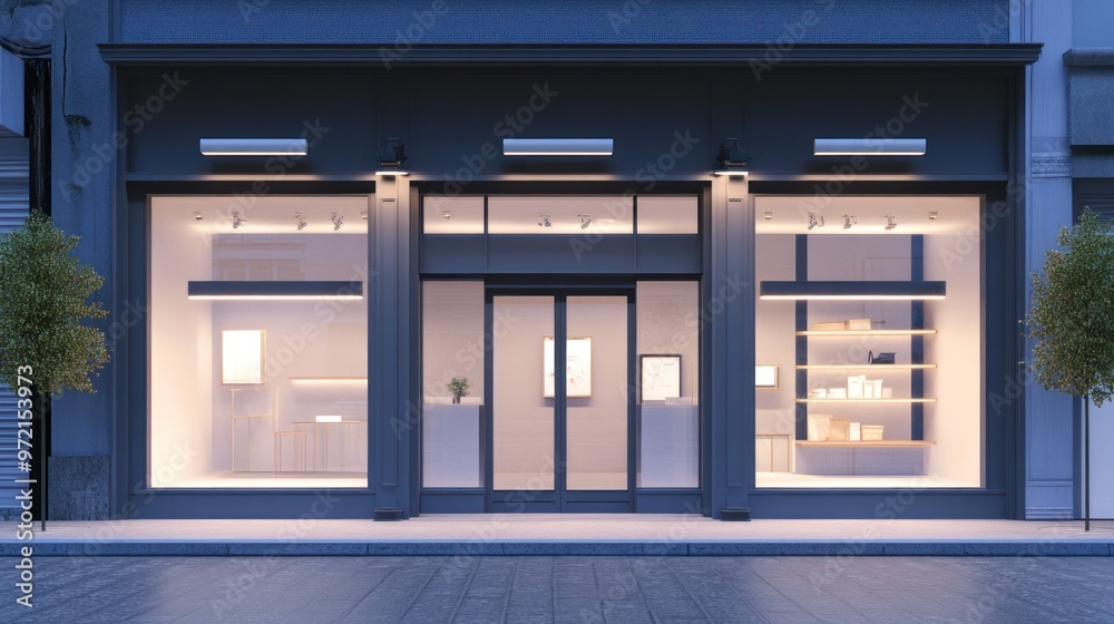 A modern storefront with large windows and a minimalist design, inviting customers inside. A modern storefront with large windows and a minimalist design, inviting customers inside.
