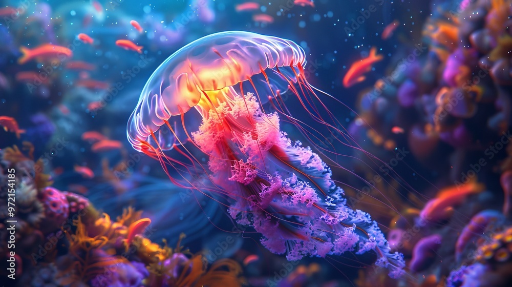 A vibrant jellyfish with long tentacles floats among colorful coral and fish in a vibrant underwater scene. A vibrant jellyfish with long tentacles floats among colorful coral and fish in a vibrant underwater scene.