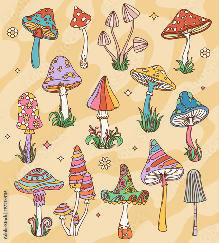 Cartoon retro groovy hippie mushrooms with vector psychedelic trippy pattern of summer colorful flowers, rainbow spots and waves. Crazy hippy amanita and toadstool forest mushroom with grass blades