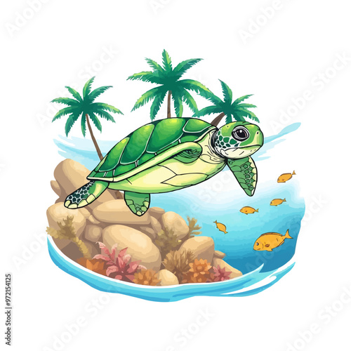 turtle with beach background vector illustration. sea world vector logo illustration. cute cartoon sea turtle.