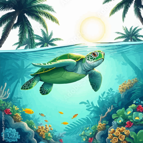 turtle with beach background vector illustration. sea world vector logo illustration. cute cartoon sea turtle.