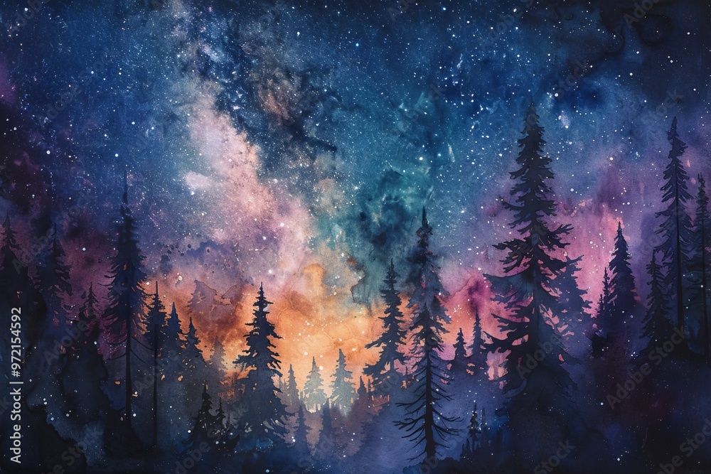 Fototapeta premium A watercolor painting of a starry night sky over a forest. The Milky Way is visible in the sky, and the trees are silhouetted against the vibrant colors.