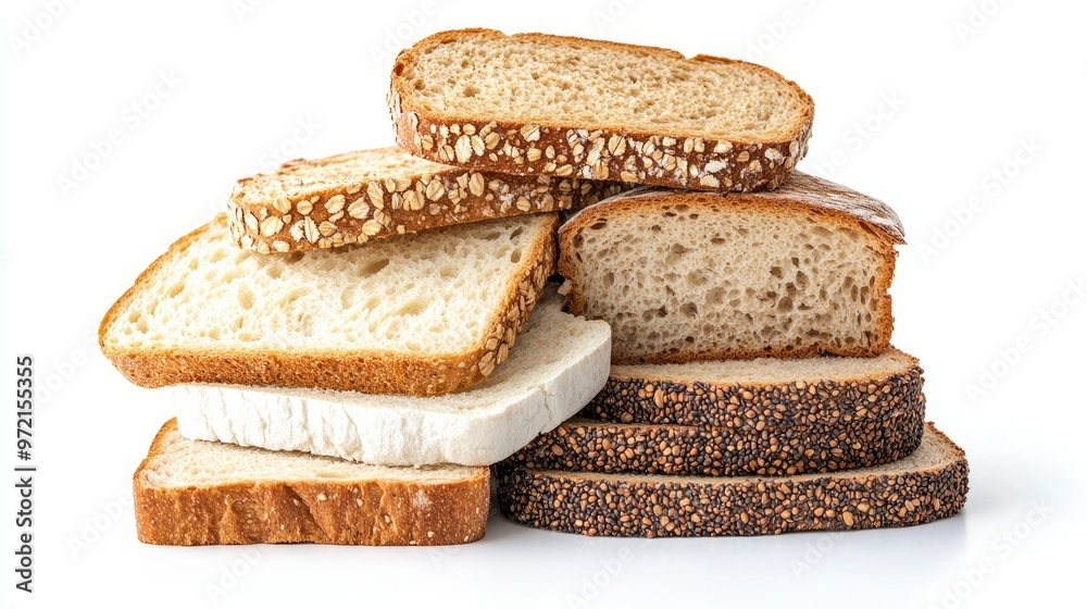 A stack of bread slices, including white and whole grain varieties, arranged on a white background A stack of bread slices, including white and whole grain varieties, arranged on a white background
