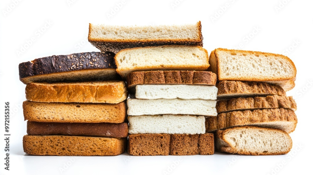 A stack of bread slices, including white and whole grain varieties, arranged on a white background A stack of bread slices, including white and whole grain varieties, arranged on a white background