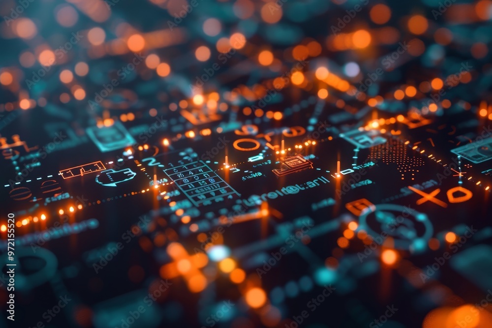 Fototapeta premium Abstract digital background with glowing blue and orange circuits. futuristic technology concept.