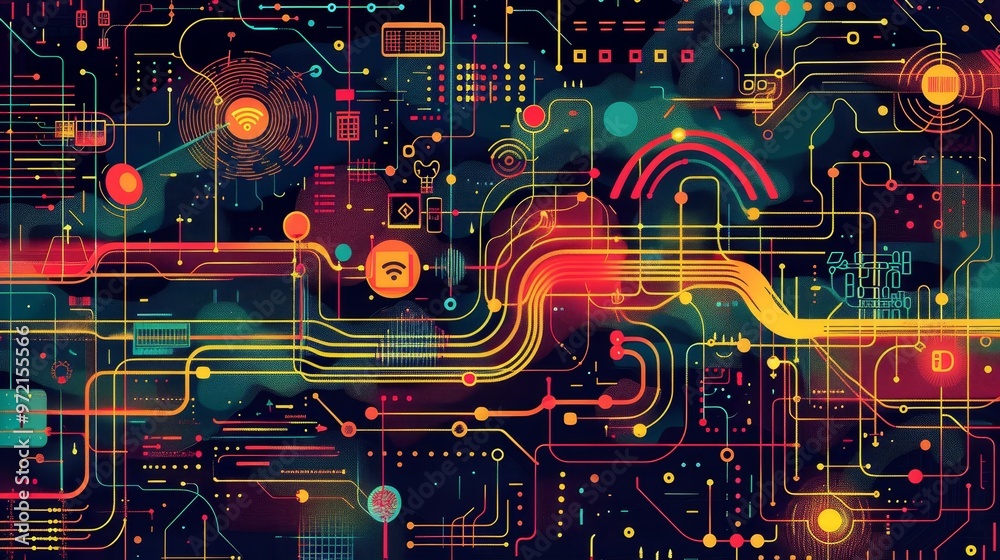 Obraz premium Abstract digital circuit board background with vibrant colors and glowing lines.