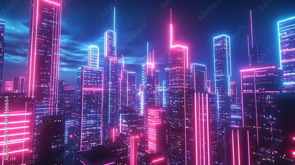 Fototapeta premium A futuristic city skyline with glowing pink and blue neon lights.