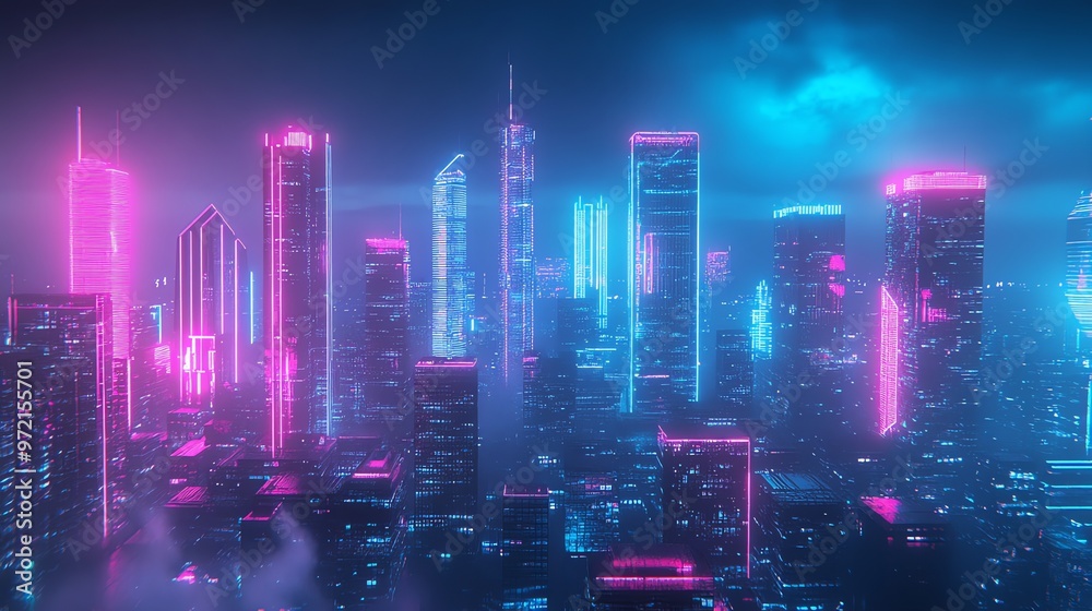 Fototapeta premium Futuristic cyberpunk city skyline with neon lights in pink and blue.