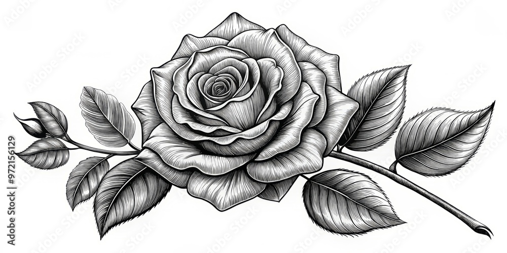Intricate black and white line art of a blooming rose, with delicate petals unfolding like a tiny sculpture, Intricate black and white line art of a blooming rose, with delicate petals unfolding like a tiny sculpture,