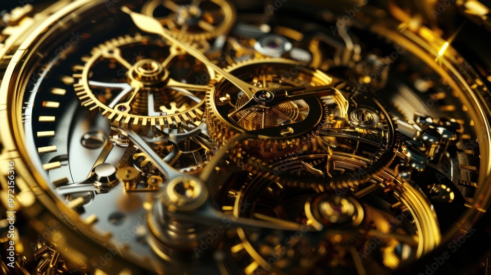 Intricate golden watch mechanism showcasing gears and craftsmanship. Intricate golden watch mechanism showcasing gears and craftsmanship.