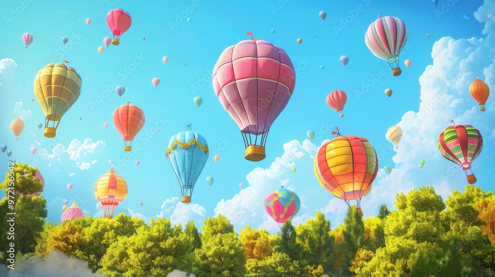 Obraz premium Colorful hot air balloons float above a lush green forest under a bright blue sky.