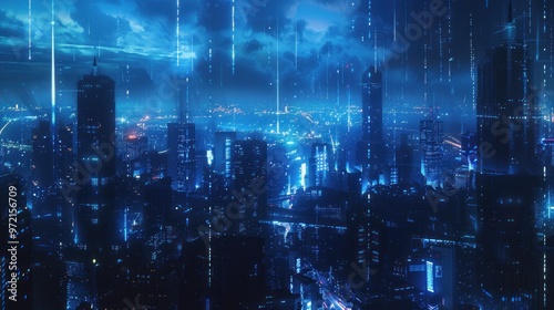 Wallpaper Mural A futuristic cityscape illuminated by blue lights and rain in a cyberpunk aesthetic. Torontodigital.ca