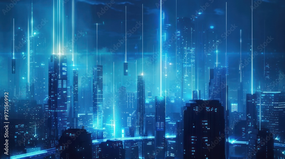 Fototapeta premium A futuristic cityscape illuminated by blue lights and vertical beams, evoking a sci-fi atmosphere.