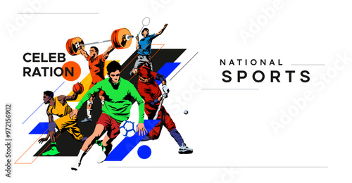 banner design template with the theme national sports day celebration with illustrations of athletes from soccer, badminton, basketball, base ball, weightlifting. National sports competition concept