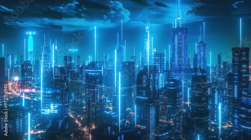 Wallpaper Mural A futuristic cityscape illuminated by blue lights and digital elements. Torontodigital.ca
