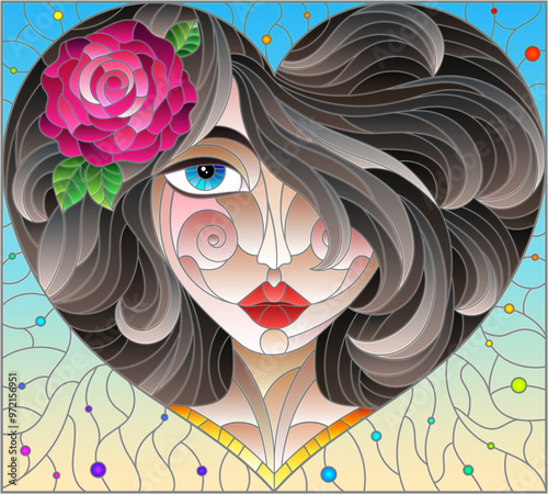 A stained glass illustration with a portrait of a girl with brown hair and a heart-shaped rose, on a blue background