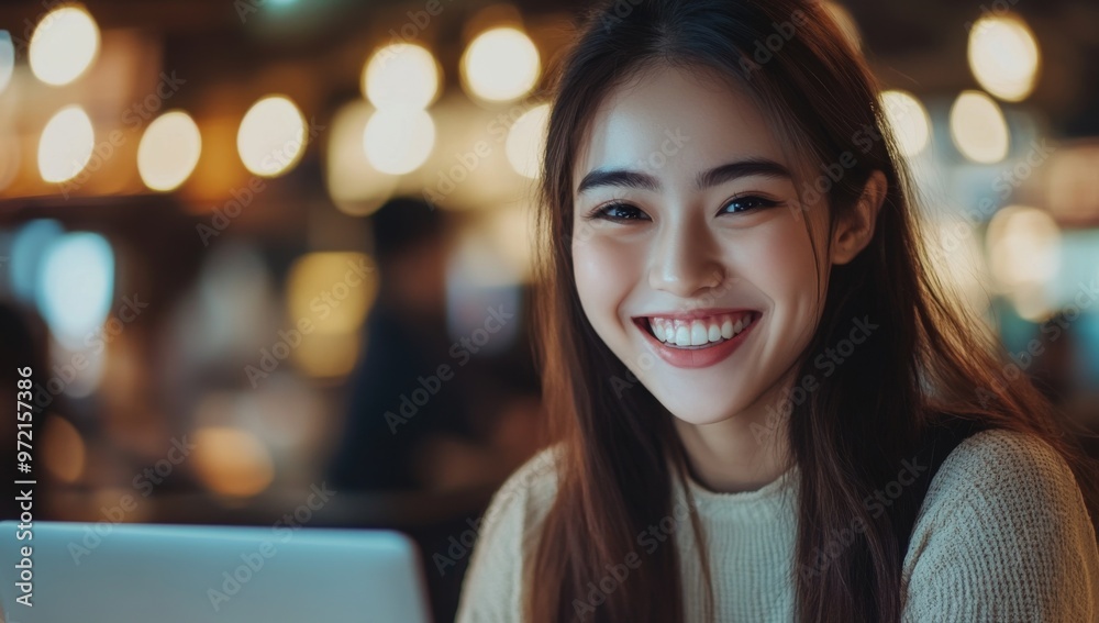 Obraz premium close-up of attractive, smiling young asian woman sitting at her laptop in cafe