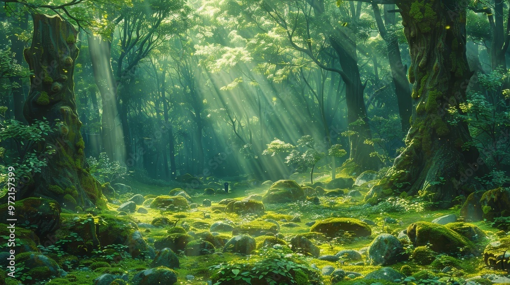 Sunlight streams through the canopy of a lush, green forest, illuminating the mossy ground and ancient trees. Sunlight streams through the canopy of a lush, green forest, illuminating the mossy ground and ancient trees.