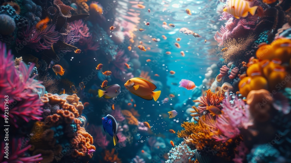 Obraz premium Vibrant coral reef teeming with colorful fish, a breathtaking underwater paradise.