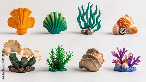 A vibrant collection of sea-themed decorations including shells, corals, and seaweed in various colors and textures.