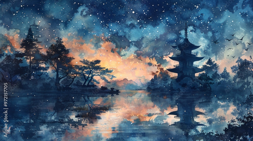 Obraz premium Watercolor painting of a starry night sky over a serene lake and forest, with silhouetted trees reflected in the water.